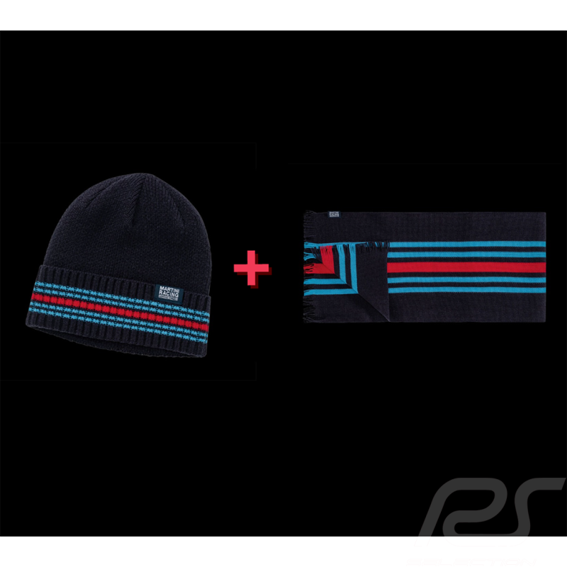 Set von 2 Mütze + Schal Porsche Martini Racing Gestrickt Blau / Rot