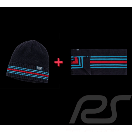Duo Bonnet + Echarpe Porsche Martini Racing Tricoté Bleu / Rouge