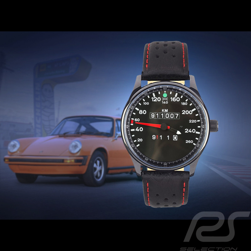Montre compteur de vitesse Porsche 911 260 km/h boitier noir / fond noir / chiffres blancs