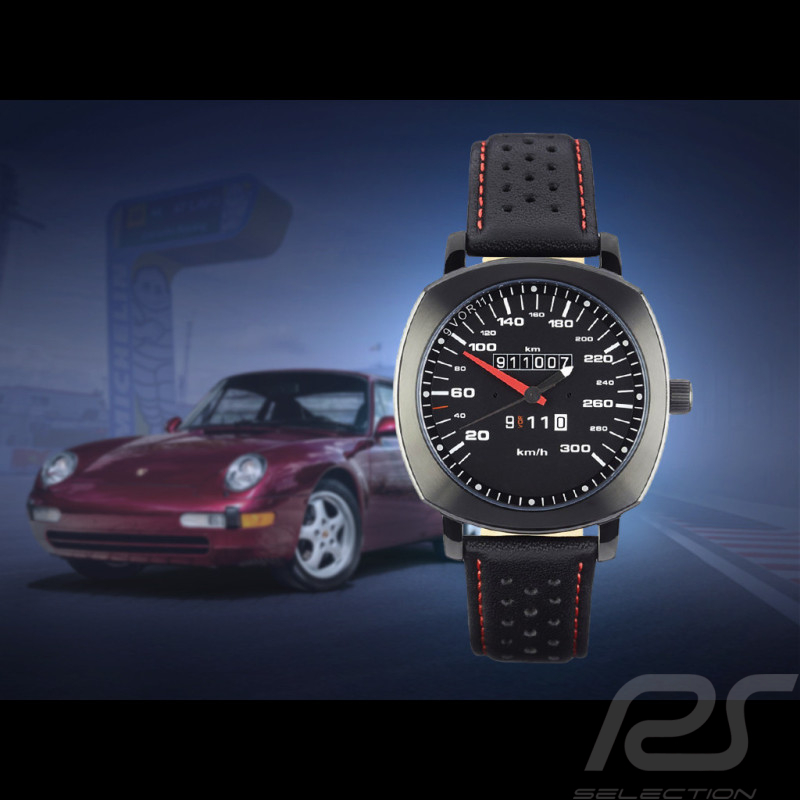 Montre automatique compteur de vitesse Porsche 911 300 km/h  boitier coussin noir / fond noir / chiffres blancs
