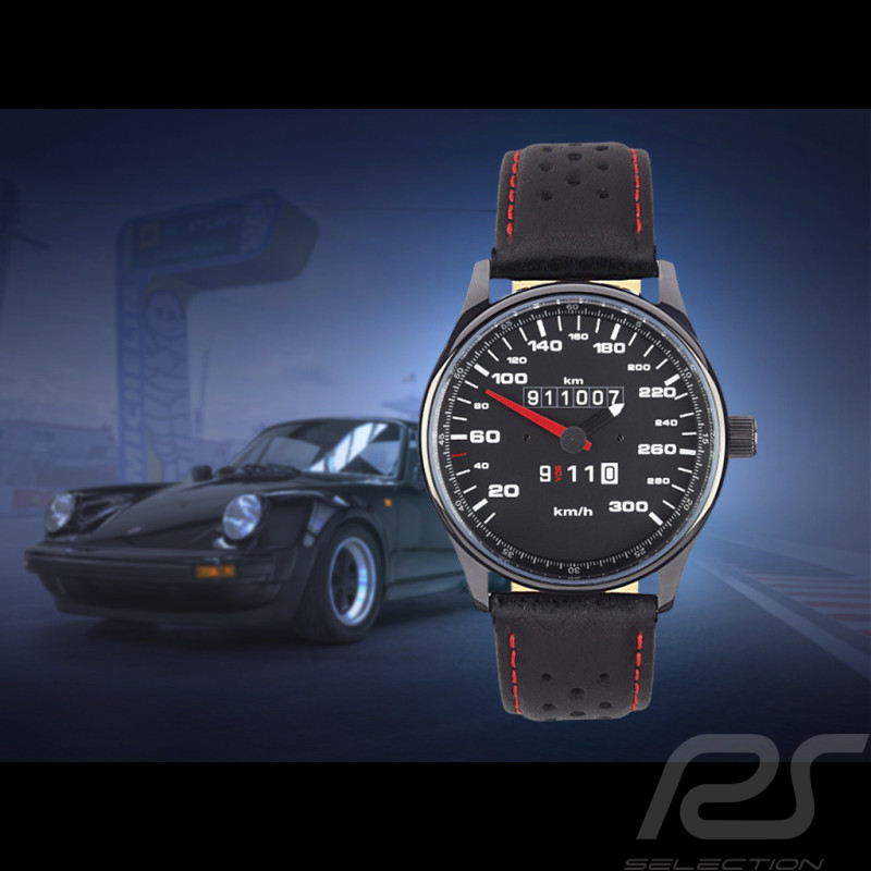 Montre compteur de vitesse Porsche 911 300 km/h boitier noir / fond noir / chiffres blancs
