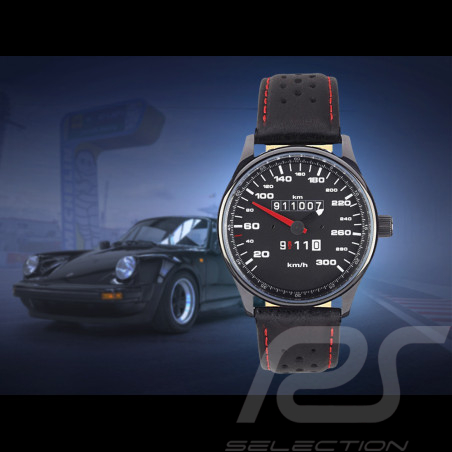 Montre compteur de vitesse Porsche 911 300 km/h boitier noir / fond noir / chiffres blancs