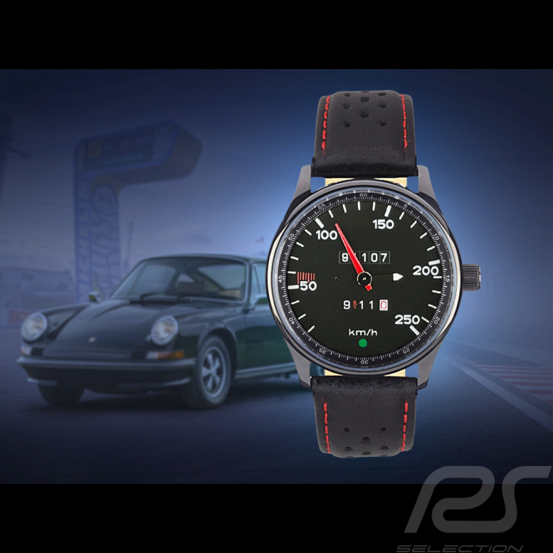 Montre compteur de vitesse Porsche 911 250 km/h boitier noir / fond noir / chiffres blancs