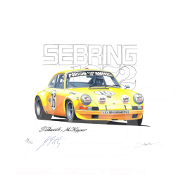 Porsche 911S n° 16 12h Sebring 1972 original drawing with Signature Jürgen Barth / Sébastien Sauvadet