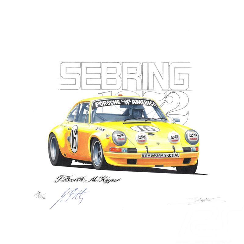 Porsche 911S n° 16 12h Sebring 1972 original drawing with Signature Jürgen Barth / Sébastien Sauvadet