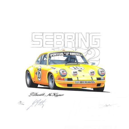 Porsche 911S n° 16 12h Sebring 1972 original drawing with Signature Jürgen Barth / Sébastien Sauvadet