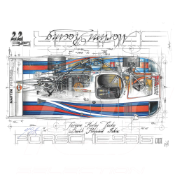 Porsche 936 Martini Le Mans 1977 Original Zeichnung mit Unterschrift Jürgen Barth / Sébastien Sauvadet