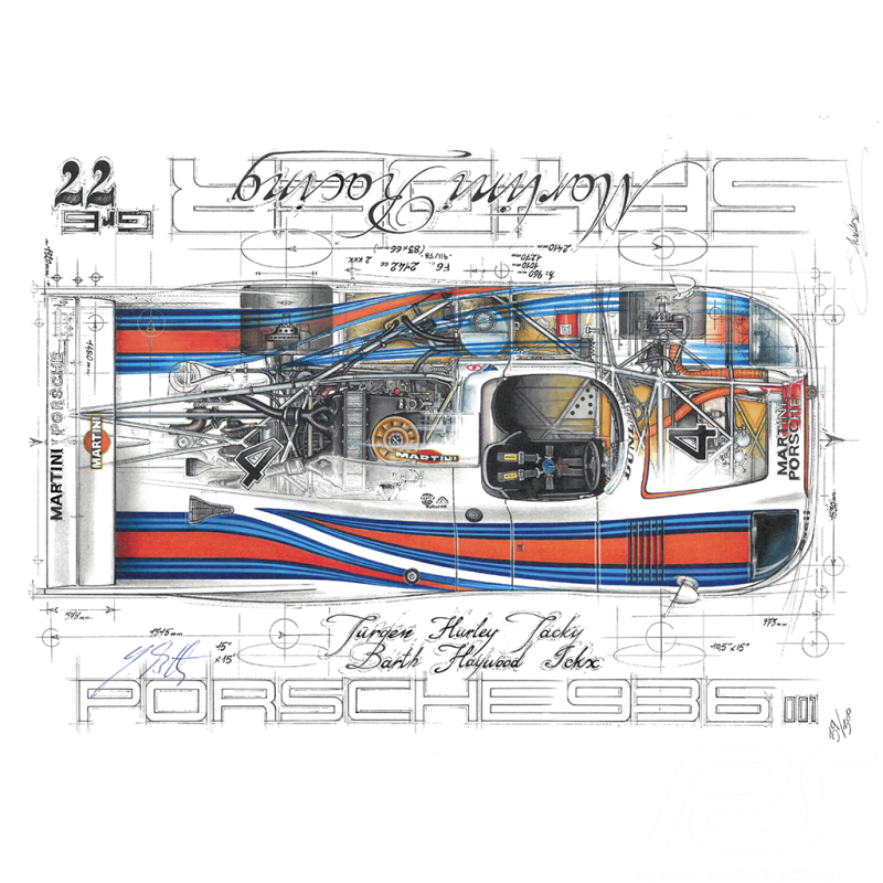 Porsche 936 Martini Le Mans 1977 dessin original avec Signatures Jürgen Barth /  Sébastien Sauvadet