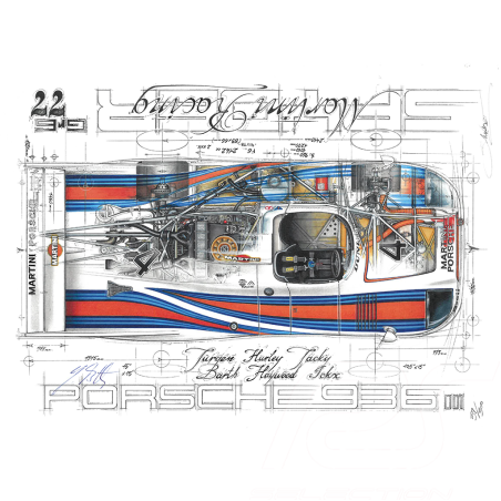 Porsche 936 Martini Le Mans 1977 Original Zeichnung mit Unterschrift Jürgen Barth / Sébastien Sauvadet