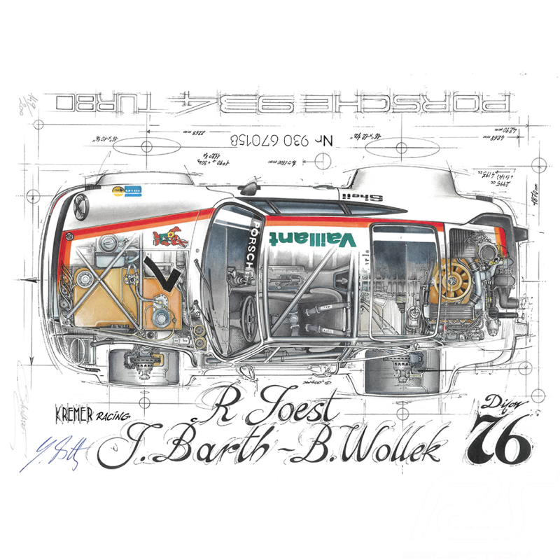 Porsche 934 Turbo Kremer Racing Dijon 1976 N° 7 original drawing with Signature Jürgen Barth / Sébastien Sauvadet