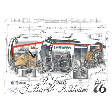 Porsche 934 Turbo Kremer Racing Dijon 1976 N° 7 dessin original avec Signatures Jürgen Barth /  Sébastien Sauvadet