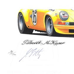 Porsche 911S n° 16 12h Sebring 1972 Original Zeichnung mit Unterschrift Jürgen Barth / Sébastien Sauvadet