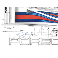 Porsche 936 Martini Le Mans 1977 Original Zeichnung mit Unterschrift Jürgen Barth / Sébastien Sauvadet