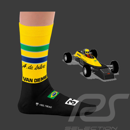 Inspiration Van Diemen RF81 Formula Ford Ayrton Senna Socken Schwarz / Gelb / Grün / Blau - Unisex - Größe 41/46