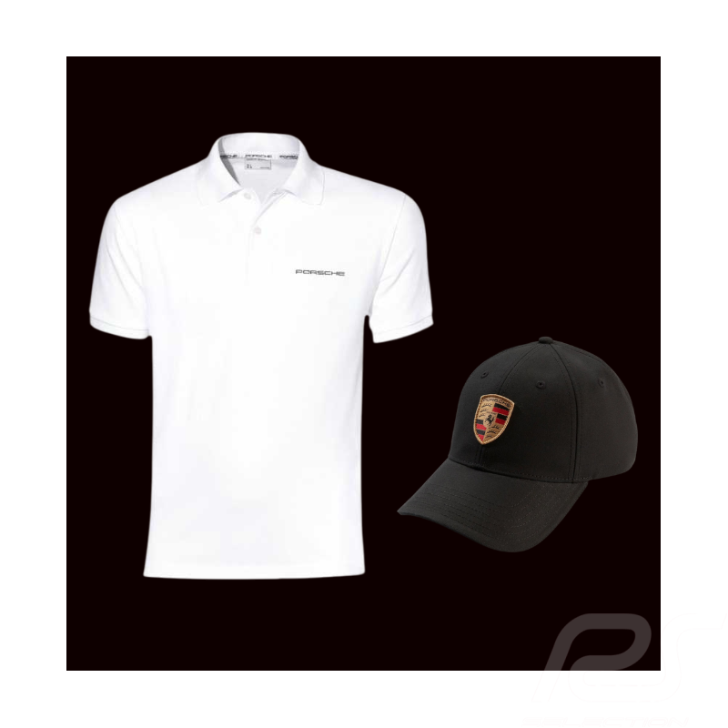 Duo Porsche Polo-shirt classic Weiß + Porsche Cap Wappen Schwarz