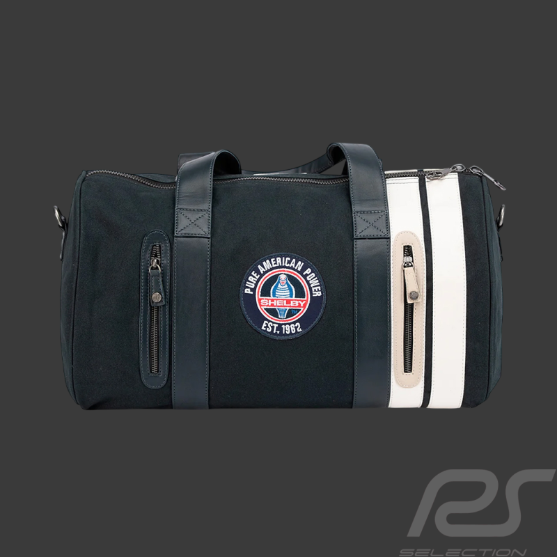 Carroll Shelby Sports Bag Venom in Leather and Canvas Navy Blue / Ecru Stripes