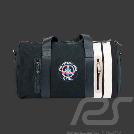 Carroll Shelby Sporttasche Venom aus Leder und Canvas Marineblau / Ecru Streifen