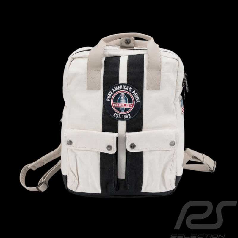 Sac à Dos Carroll Shelby GT40 en Cuir et Canvas Écru / Bandes Bleu Marine