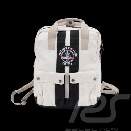 Sac à Dos Carroll Shelby GT40 en Cuir et Canvas Écru / Bandes Bleu Marine