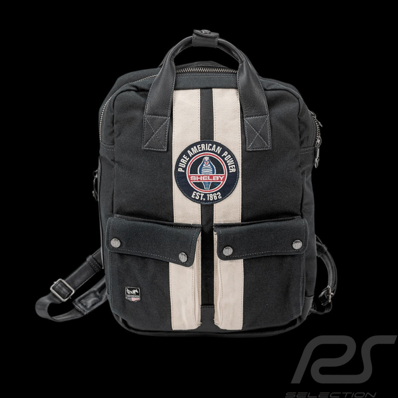 Sac à Dos Carroll Shelby GT40 en Cuir et Canvas Bleu Marine / Bandes Écru