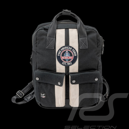 Carroll Shelby Backpack GT40 in Leather and Canvas Navy Blue / Ecru Stripes