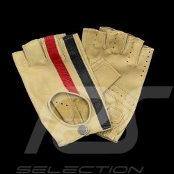 Driving Gloves fingerless mittens leather Racing cream red and blue stripes