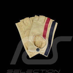 Gants de conduite sans doigts mitaines cuir Racing crème bandes rouge et bleu