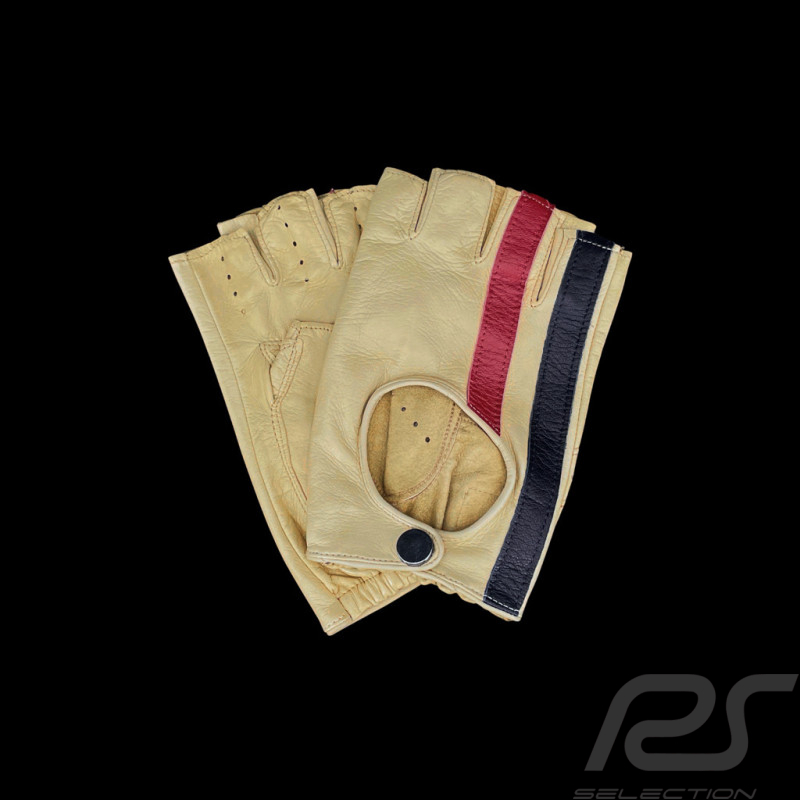 Gants de conduite sans doigts mitaines cuir Racing crème bandes rouge et bleu