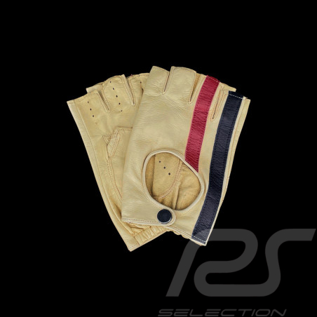 Driving Gloves fingerless mittens leather Racing cream red and blue stripes