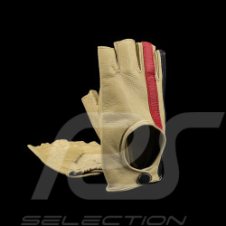 Gants de conduite sans doigts mitaines cuir Racing crème bandes rouge et bleu