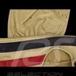 Driving Gloves fingerless mittens leather Racing cream red and blue stripes