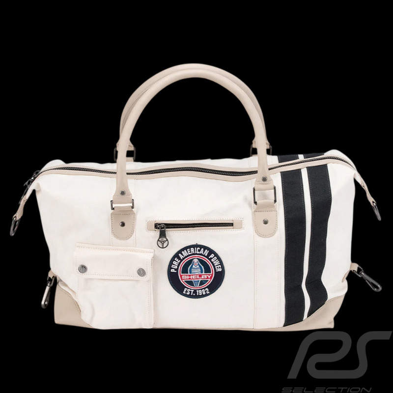 Sac de Voyage Carroll Shelby V67 48H en Cuir et Canvas Écru / Bandes Bleu Marine