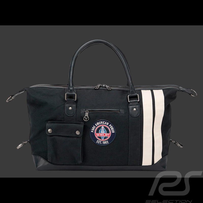 Sac de Voyage Carroll Shelby V67 48H en Cuir et Canvas Bleu Marine / Bandes Écru