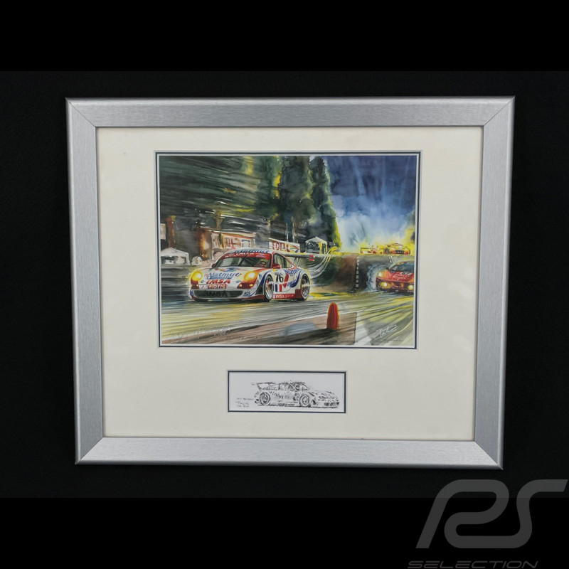 Porsche Rahmen 911 RSR Type 991 n° 76 Sieger 24h Le Mans 2007 Grauer Holzrahmen mit Skizze 25 x 30 cm - Uli Ehret