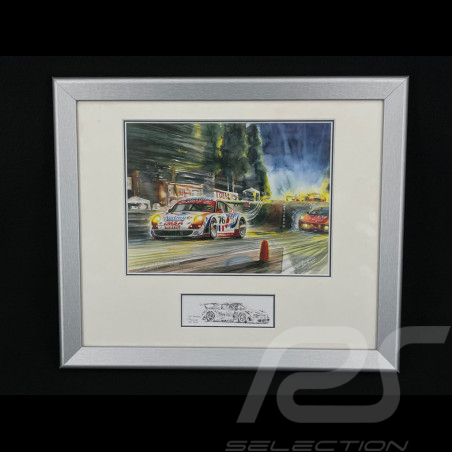 Cadre Porsche 911 RSR Type 991 n° 76 Vainqueur 24h Le Mans 2007 cadre bois Gris avec esquisse 25 x 30 cm - Uli Ehret