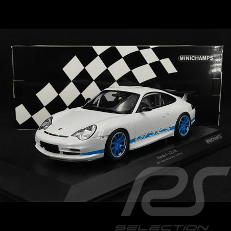 Porsche 911 GT3 RS Typ 996 2002 Weiß / Blaue Streifen 1/18 Minichamps 155062021