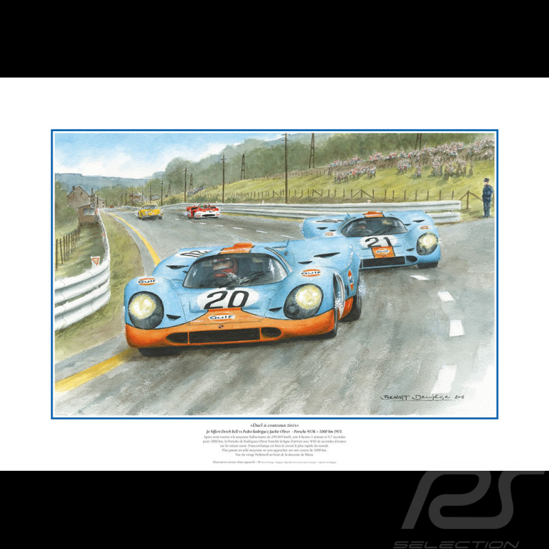Poster Porsche 917 K n° 20 Gulf 1000 km Spa 1971 Duel à Couteaux Tirés Deliège 50 x 70 cm