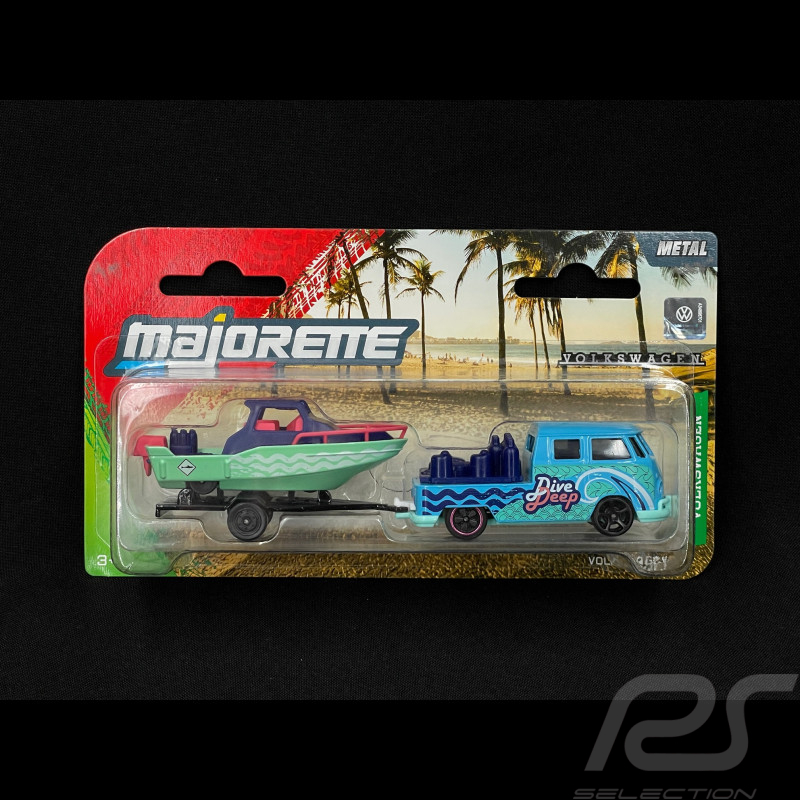 Volkswagen Combi Transporter T1 Bus avec Remorque et Bateau Bleu / Vert 1/64 Majorette 8504102000