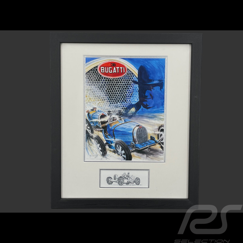 Bugatti Rahmen T35 1924 - Ettore Bugatti Schwarzer Holzrahmen mit Skizze 25 x 30 cm - Uli Ehret