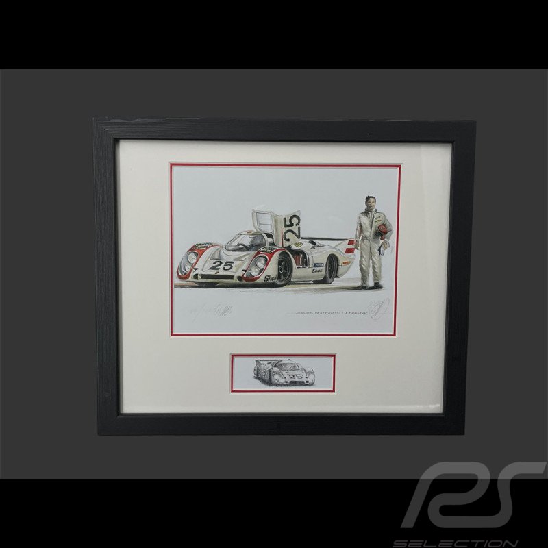 Porsche 911 Rahmen type 917 LH n°25 1969 Schwarzer Holzrahmen mit Skizze 25 x 30 cm - Uli Ehret