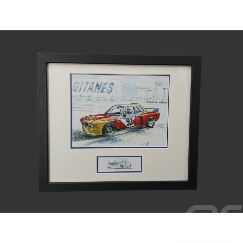 Cadre BMW 3.0 CSL "Calder" n°93 1975 Cadre en Bois Noir avec esquisse 25 x 30 cm - Uli Ehret