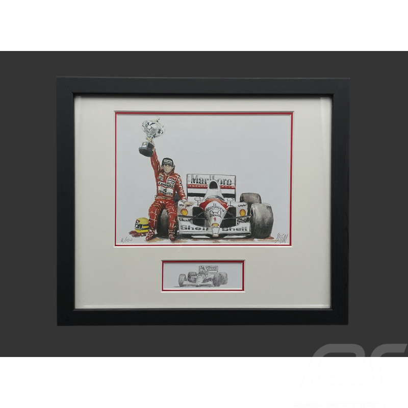 Cadre Ayrton Senna McLaren MP4/4 1988 Cadre en Bois Noir avec esquisse 25 x 30 cm - Uli Ehret