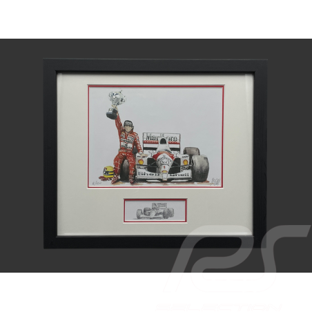 Cadre Ayrton Senna McLaren MP4/4 1988 Cadre en Bois Noir avec esquisse 25 x 30 cm - Uli Ehret