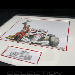 Ayrton Senna Rahmen McLaren MP4/4 1988 Schwarzer Holzrahmen mit Skizze 25 x 30 cm - Uli Ehret