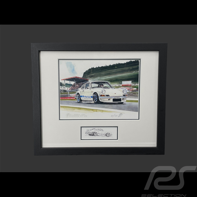 Porsche 911 Rahmen Carrera RS 2.7 1972 Schwarzer Holzrahmen mit Skizze 25 x 30 cm - Uli Ehret
