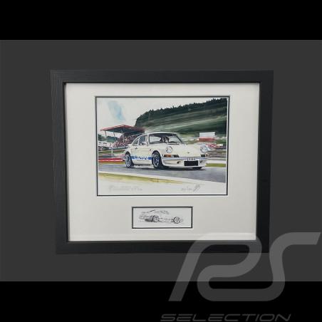 Cadre Porsche 911 Carrera RS 2.7 1972 Cadre en Bois Noir avec esquisse 25 x 30 cm - Uli Ehret