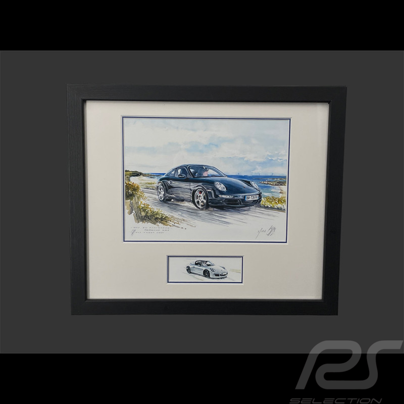 Porsche 911 Rahmen typ 997 Carrera 2004 / typ 991 Targa 2014 Schwarzer Holzrahmen mit Skizze 25 x 30 cm - Uli Ehret