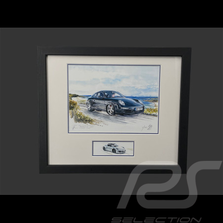 Cadre Porsche 911 type 997 Carrera 2004 / 911 type 991 Targa 2014 Cadre en Bois Noir avec esquisse 25 x 30 cm - Uli Ehret
