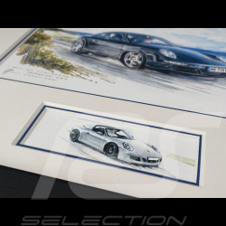 Porsche 911 Rahmen typ 997 Carrera 2004 / typ 991 Targa 2014 Schwarzer Holzrahmen mit Skizze 25 x 30 cm - Uli Ehret