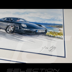 Porsche 911 Rahmen typ 997 Carrera 2004 / typ 991 Targa 2014 Schwarzer Holzrahmen mit Skizze 25 x 30 cm - Uli Ehret